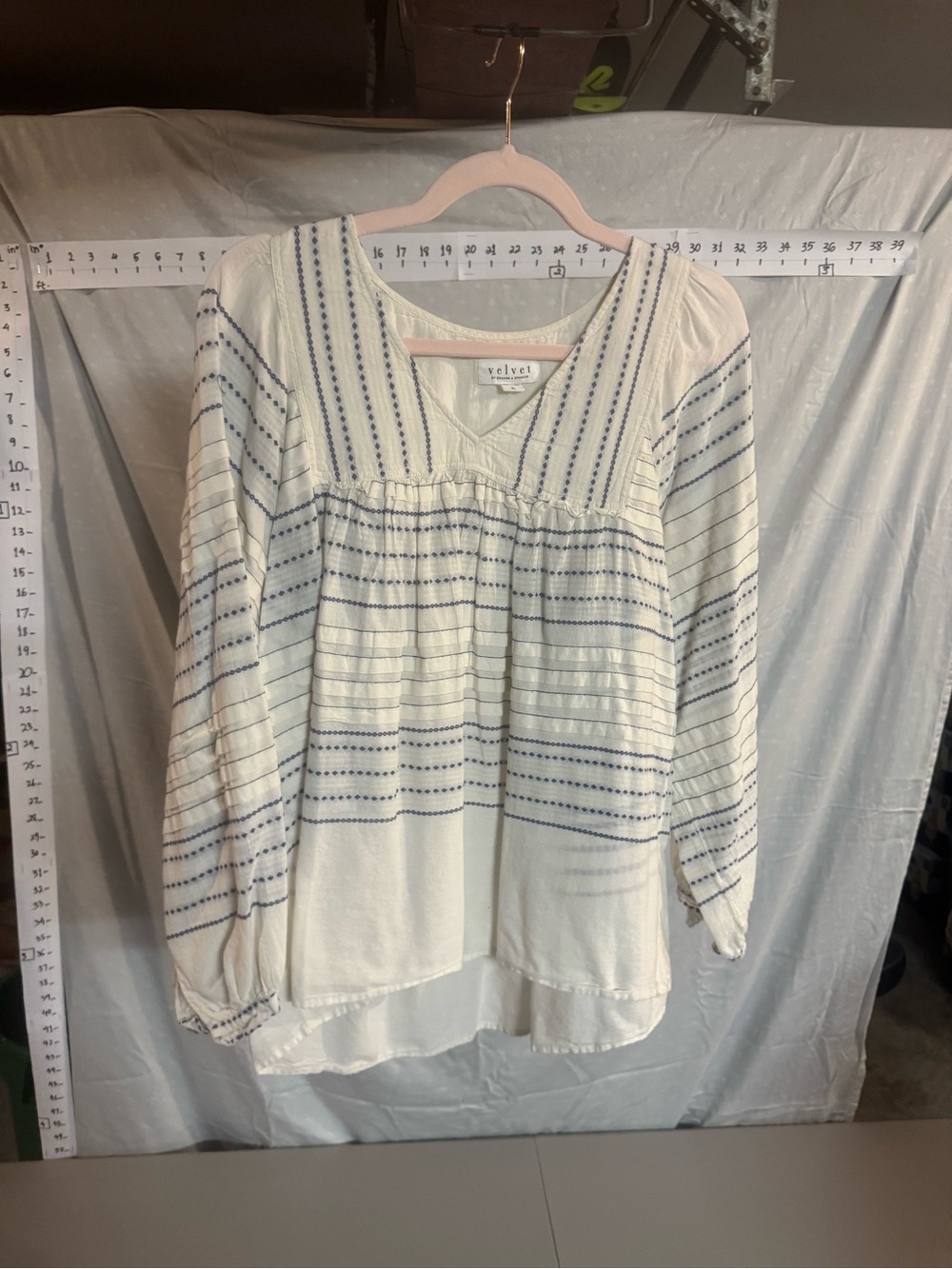 Velvet Cream Peasant Tunic with Navy Embroidered Stripes